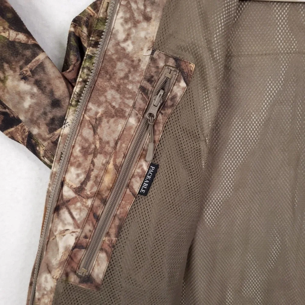 Cabelas ZONZ Woodlands Jacket Mens Camo Packable Hunting Large Brown Hooded Mesh